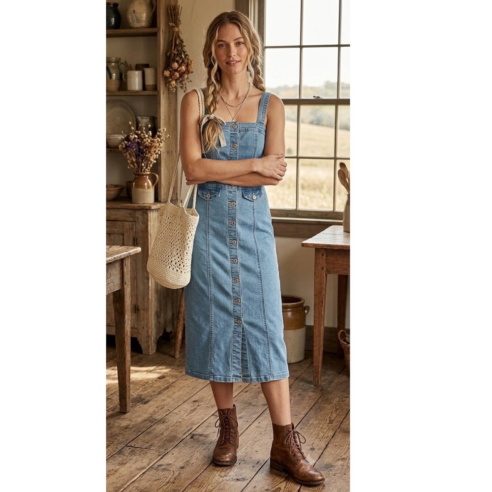 Girl-ish Denim Midi Dress M Western Prairie Cowgirl Button Front Strappy Bodycon